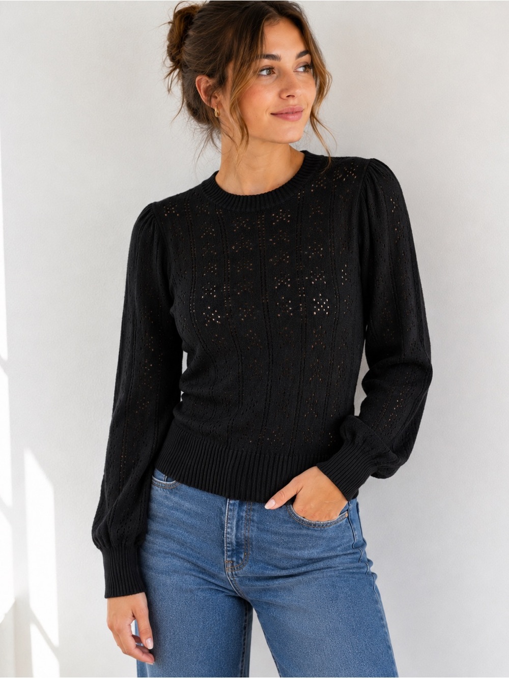 Grace Karen Black Pointelle long Sleeve Sweater Women Size Large crewneck soft